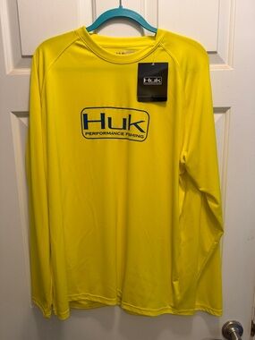 Huk Bright Yellow Long Sleeve Performance Shirt with Navy Logo